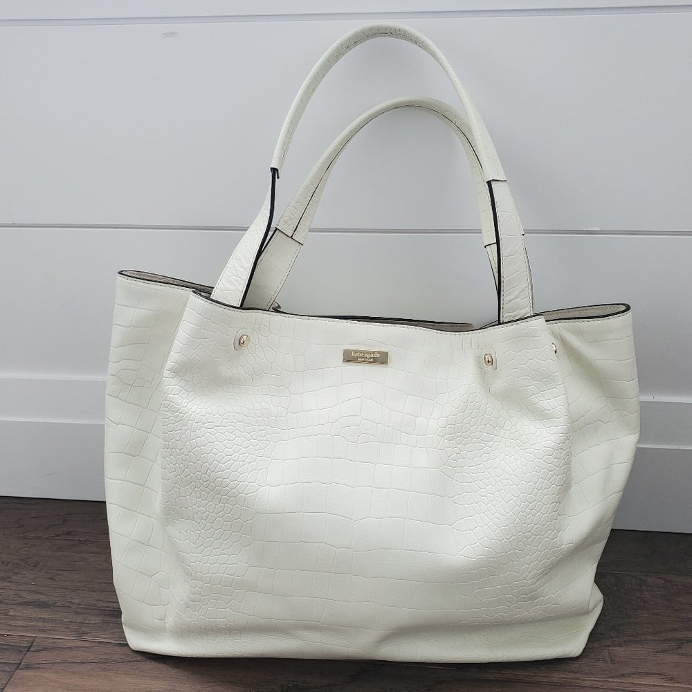 Kate Spade Leather Tote Bag White Croc Pattern